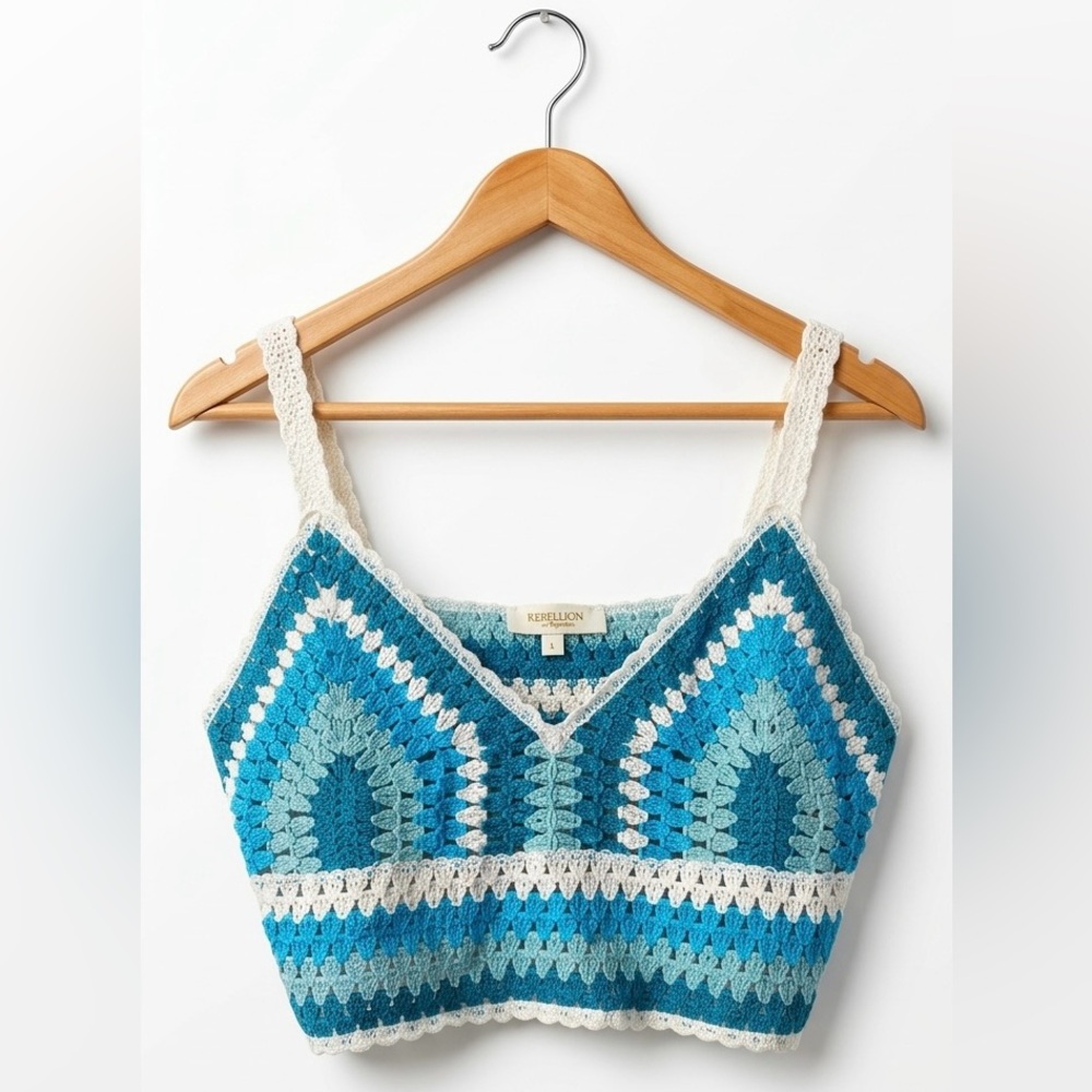 Rebellion Again Boho Blue Crochet Granny Square Crop Top L Festival 70s